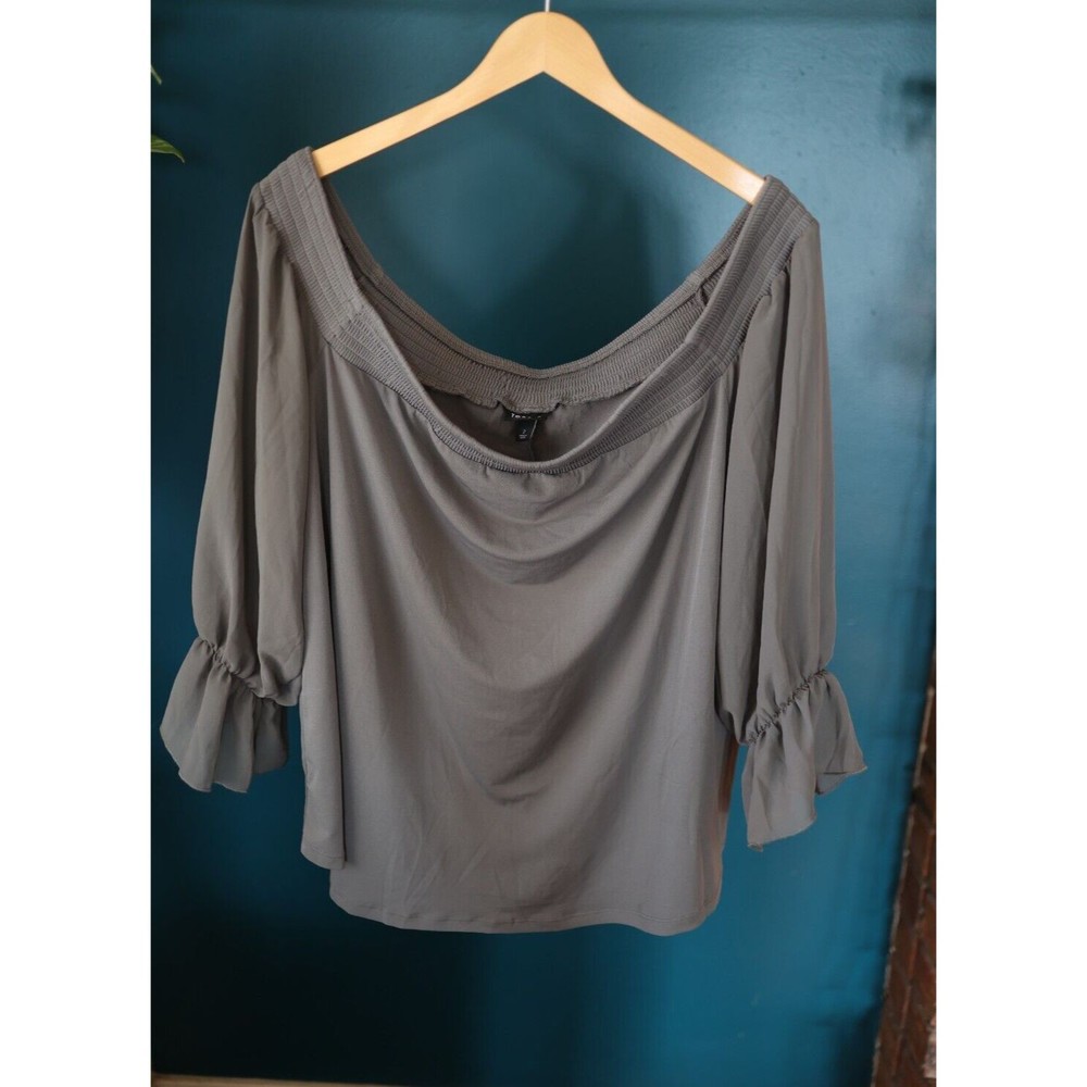 Torrid Swing Top Blouse 2 Gray Smocked Chiffon Sleeves Off Shoulder Studio Knit
